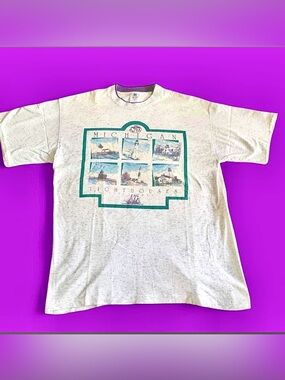 Vintage Michigan Graphic Tee - White with Teal Accent - Single Stitch - USA